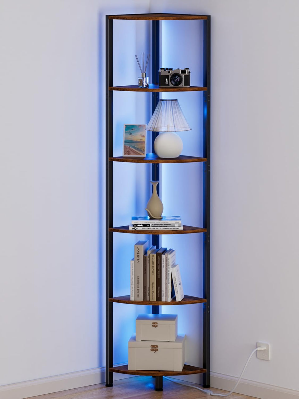 Furnulem 6-tier corner shelf with LED lights for ambient display.