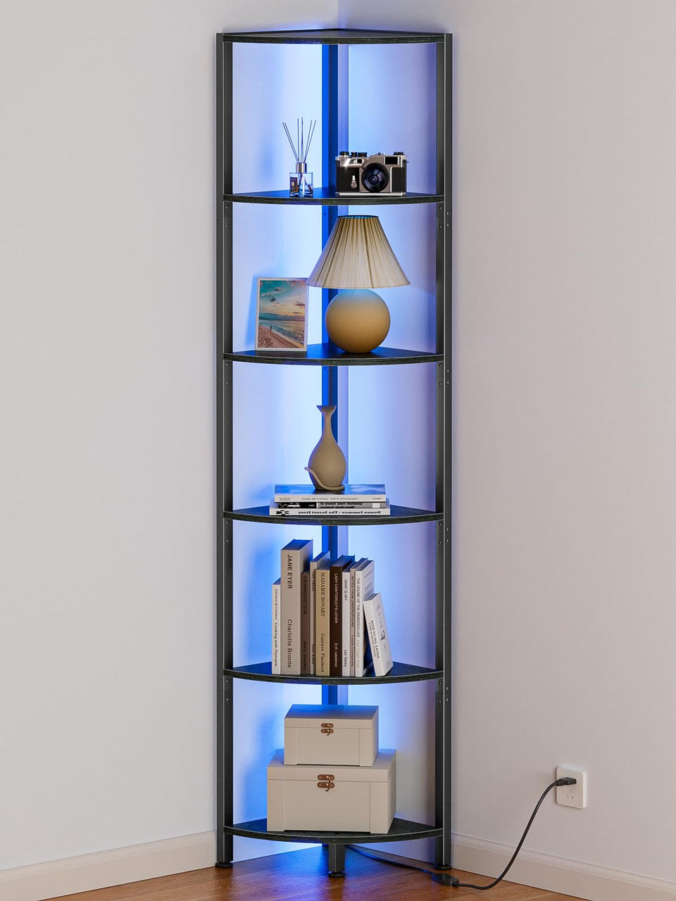 Furnulem 6-tier corner shelf with LED strip for living room ambiance.