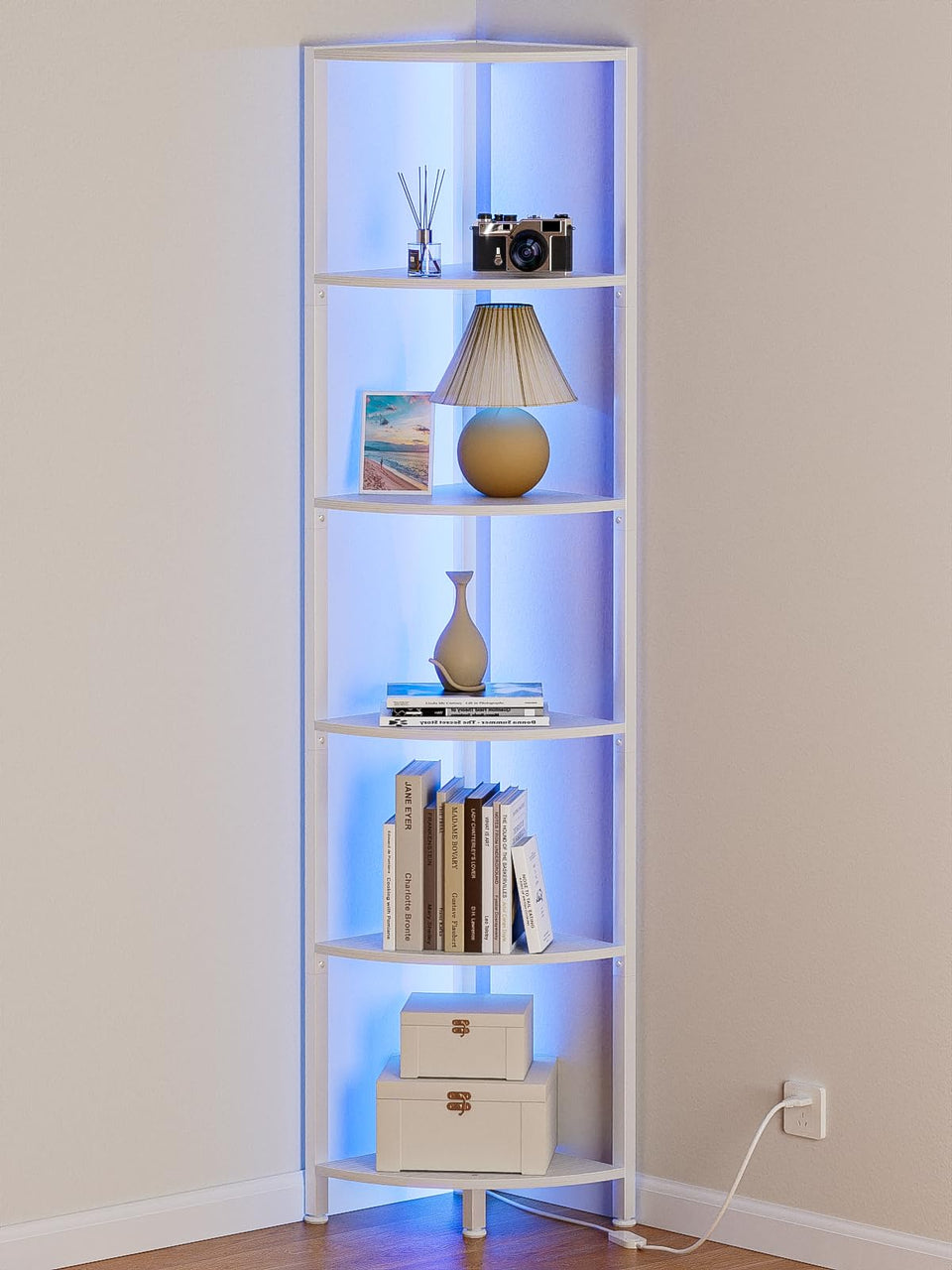 Furnulem 6-Tier Corner Shelf with LED Strip: organized display and ambient lighting for any room.