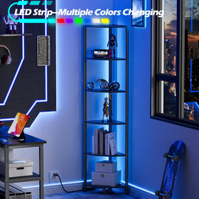 Furnulem 67.5-inch tall black shelf shown in side view.