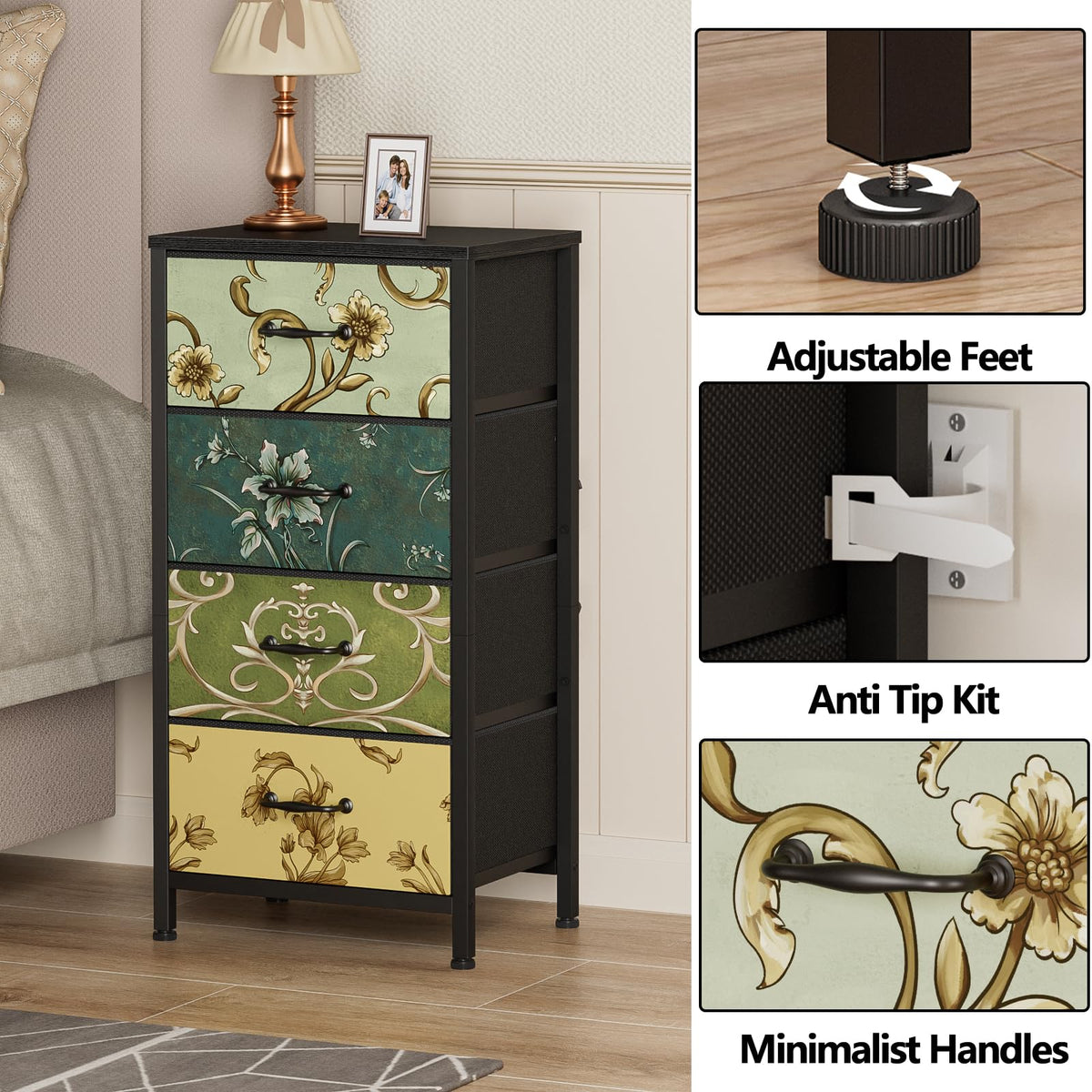 Furnulem anti-tip kit and adjustable feet add stability.