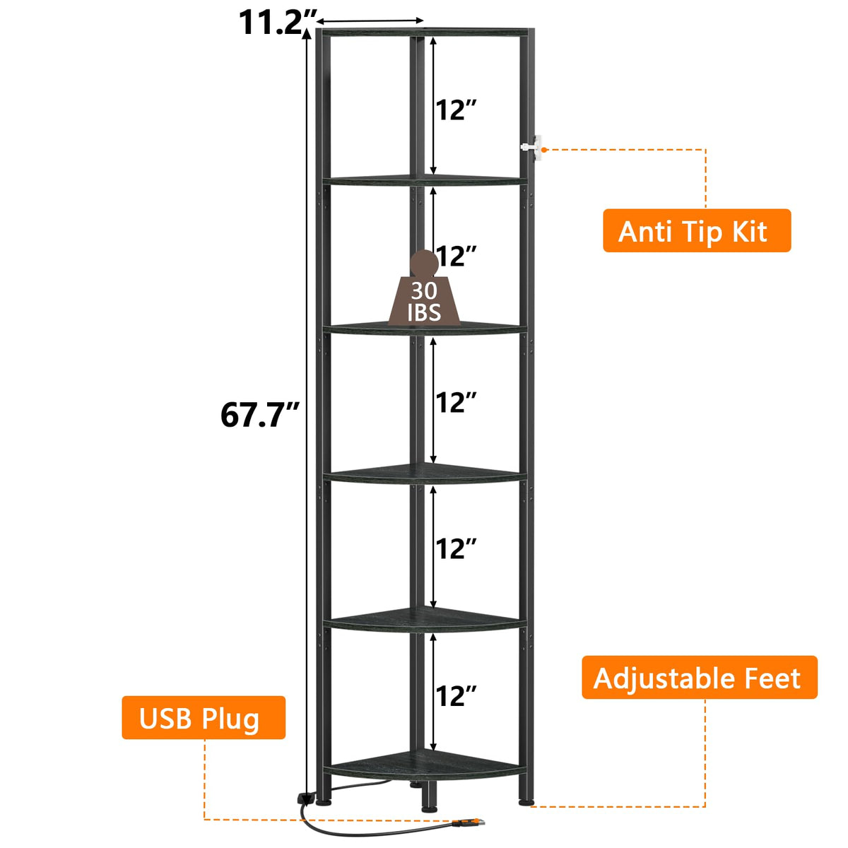 Furnulem front view of the assembly-ready corner shelf.
