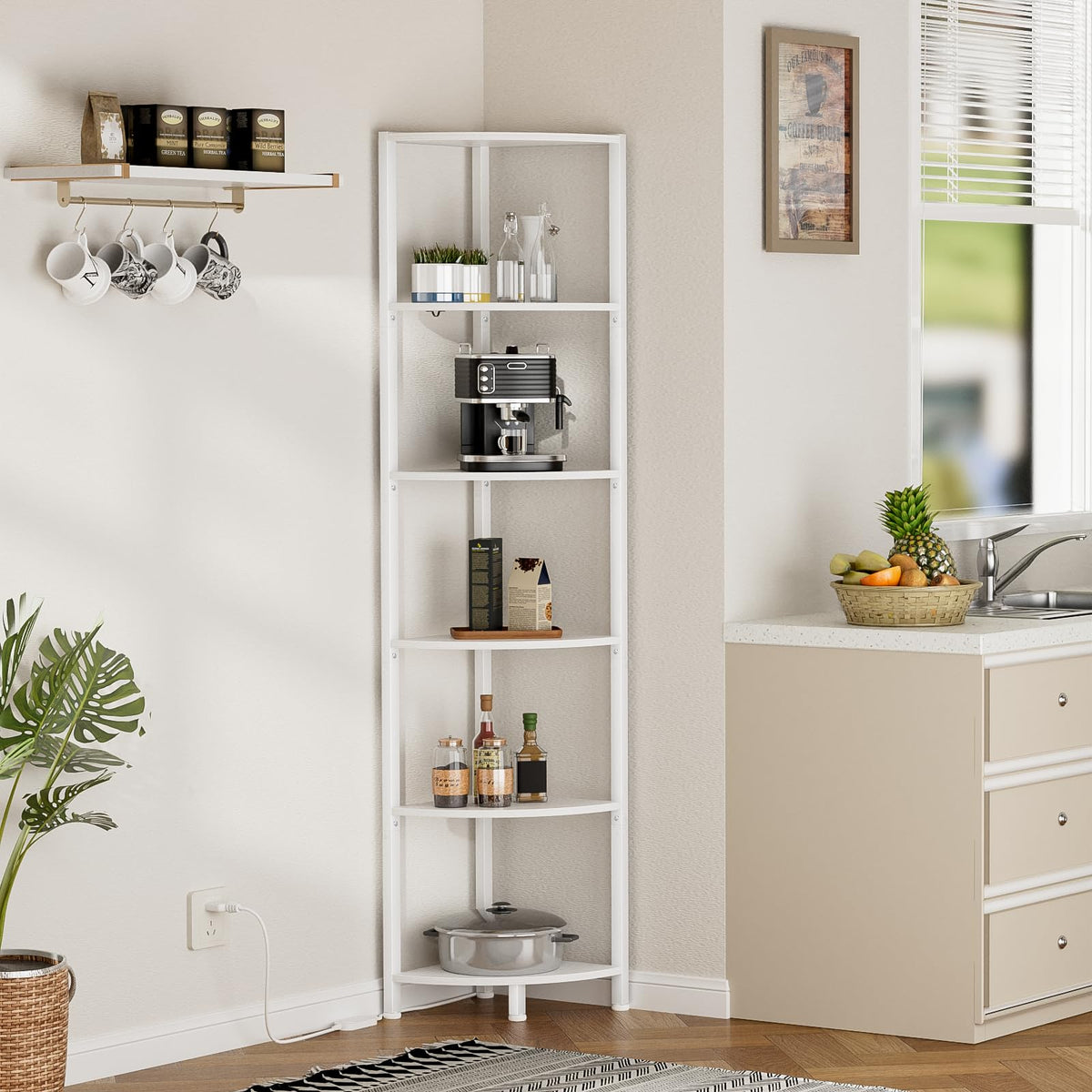 Furnulem bedroom corner shelf: neat, clutter-free organization with ambient LED lighting.
