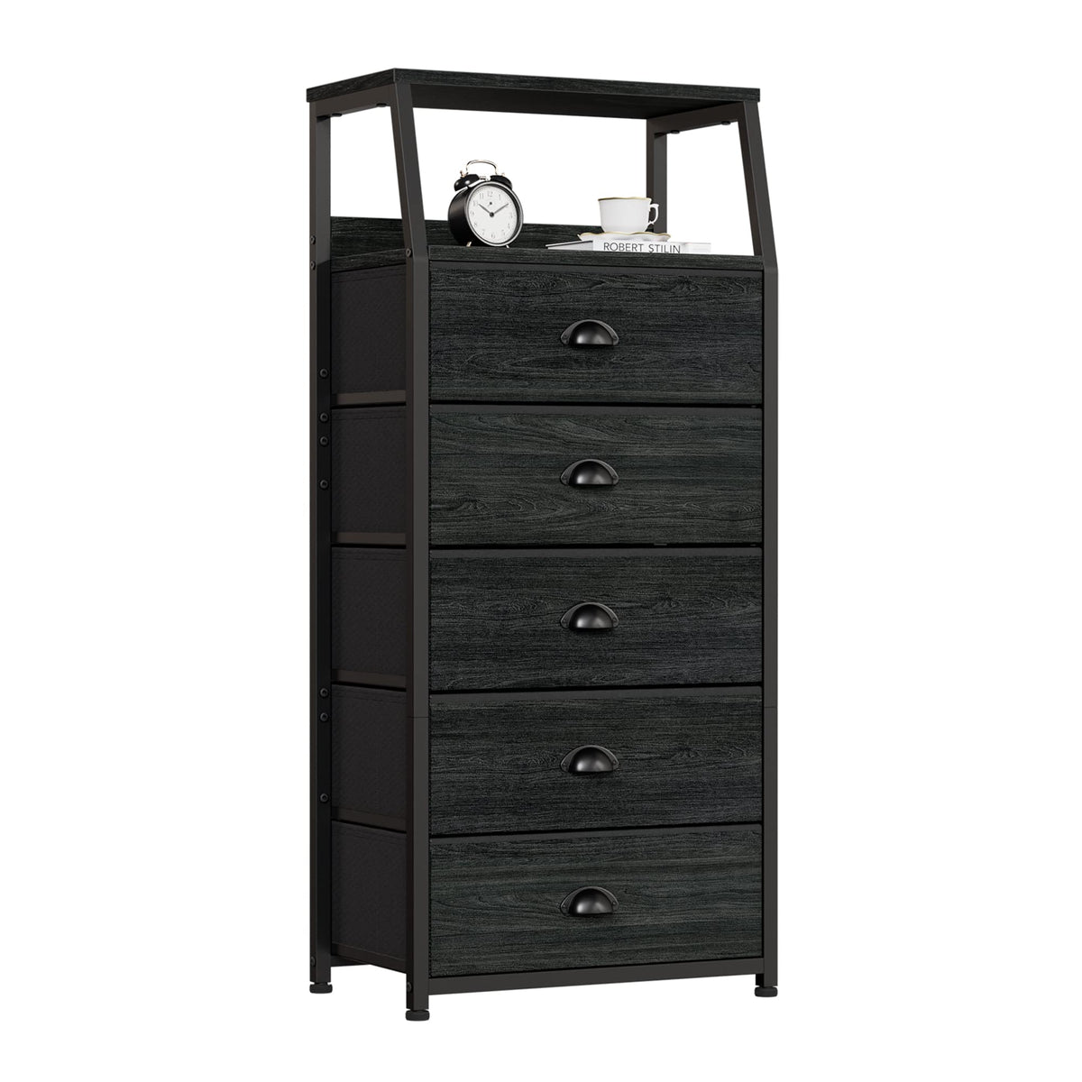 Furnulem black dresser with wood top, a stylish bedroom focal point and storage surface.