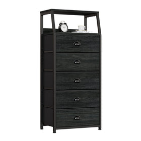 Furnulem black dresser with wood top, a stylish bedroom focal point and storage surface.