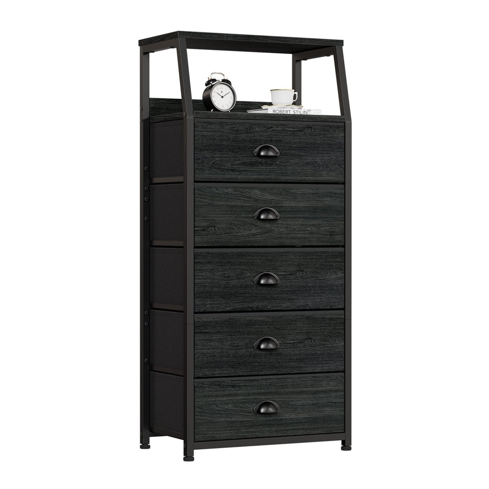 Furnulem black dresser with wood top, a stylish bedroom focal point and storage surface.