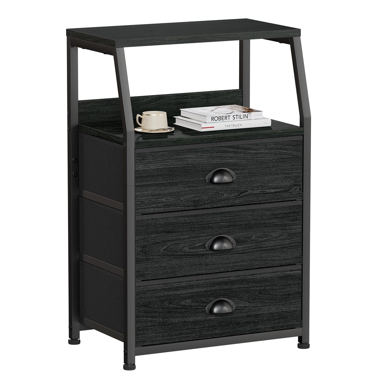 Furnulem black night stand with wood-top enhances bedside organization.