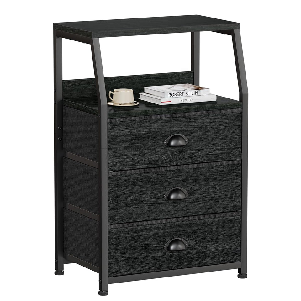 Furnulem black night stand with wood-top enhances bedside organization.
