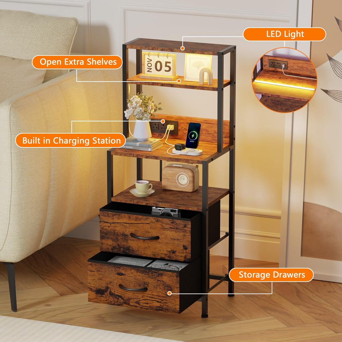 Furnulem charging station with USB-C and USB outlets keeps devices powered nearby