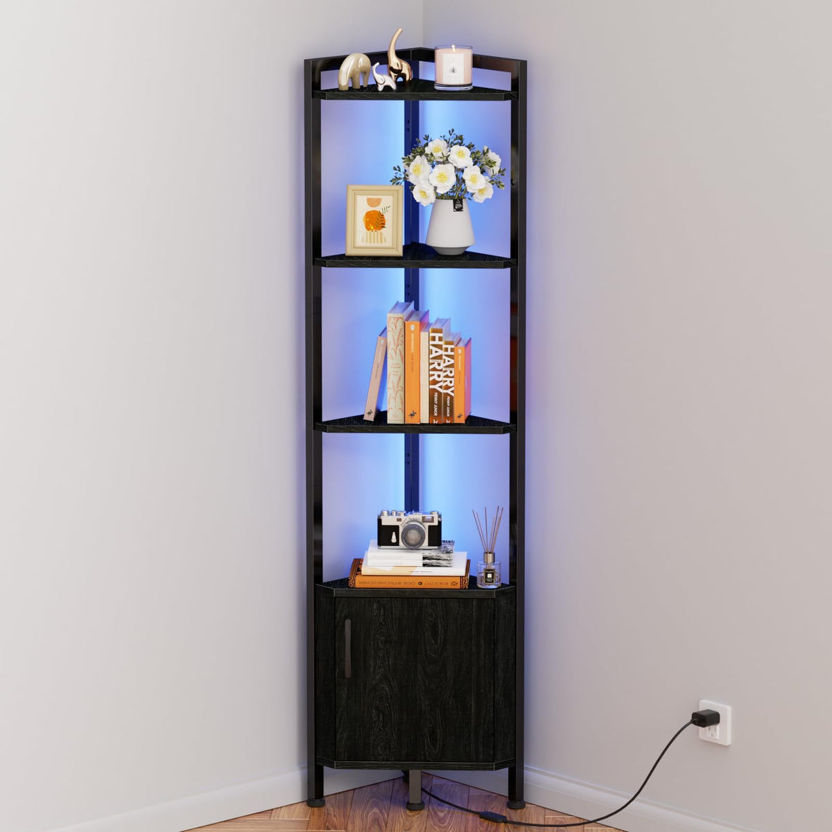 Furnulem corner shelf 5-tier structure highlights versatile display and ample storage in any room.