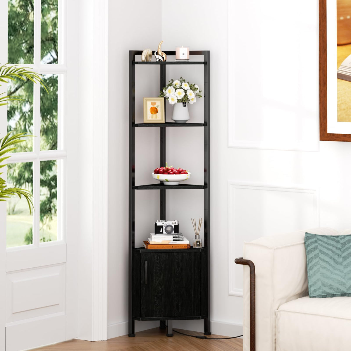 Furnulem corner shelf complements bedroom décor with warm natural wood tones.
