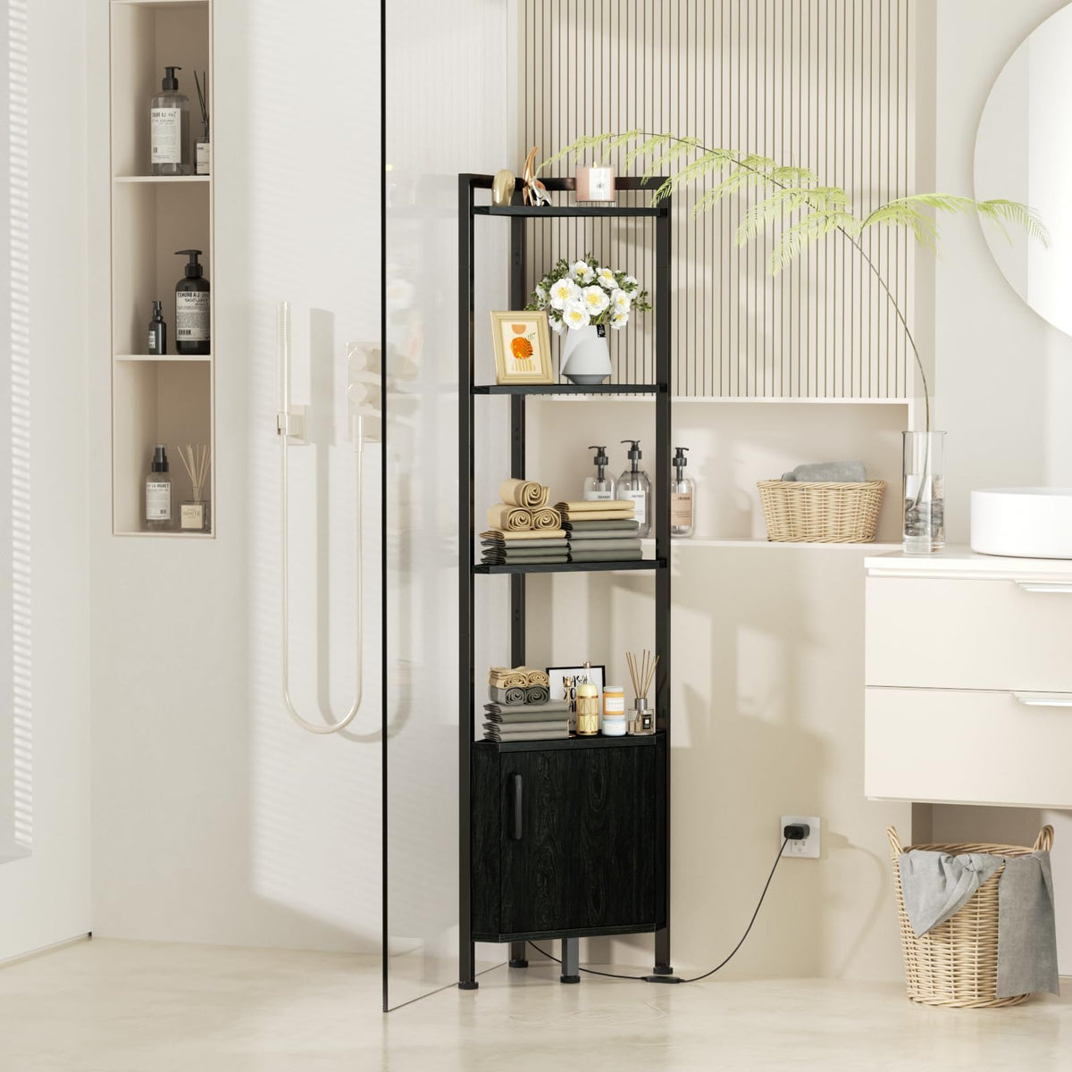 Furnulem corner shelf black oak wood texture adds sophisticated style and durable surface.