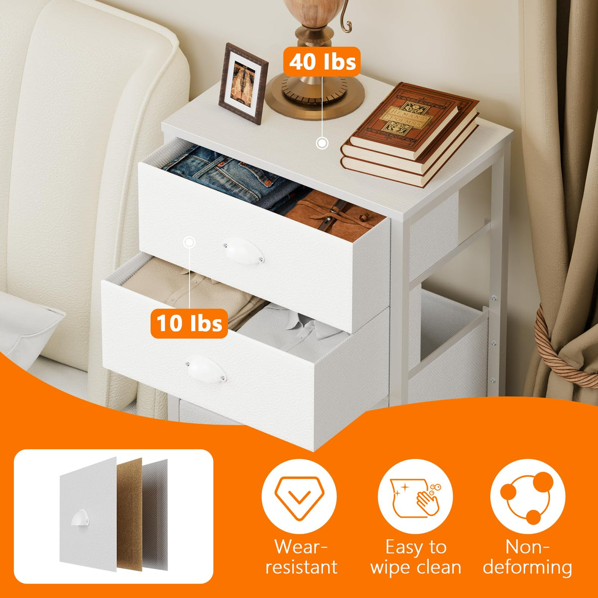 Furnulem bedroom setup featuring the white tall dresser against a cozy bed space.