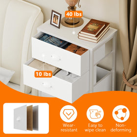 Furnulem bedroom setup featuring the white tall dresser against a cozy bed space.