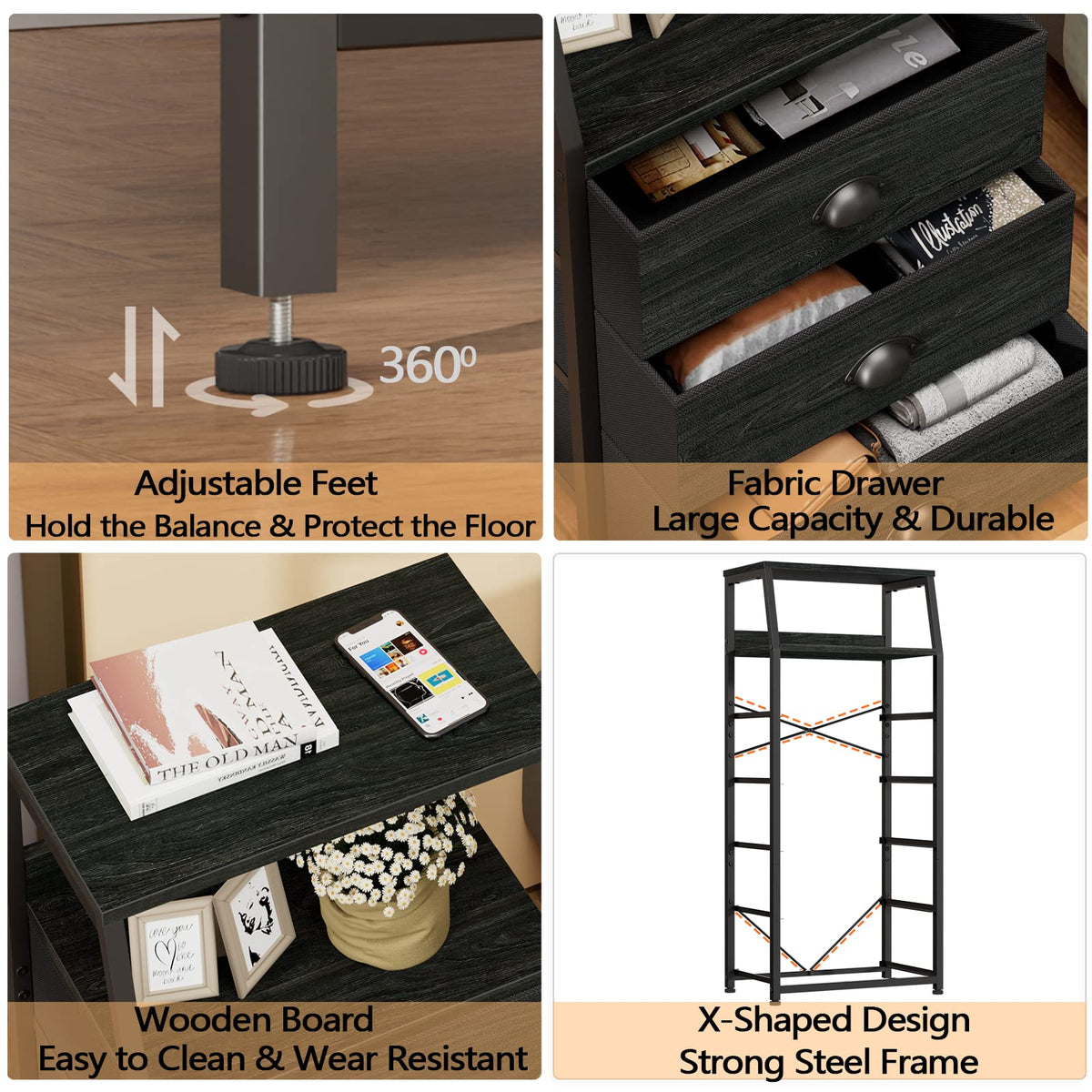 Furnulem dresser drawer open view shows practical storage for clothes and accessories.