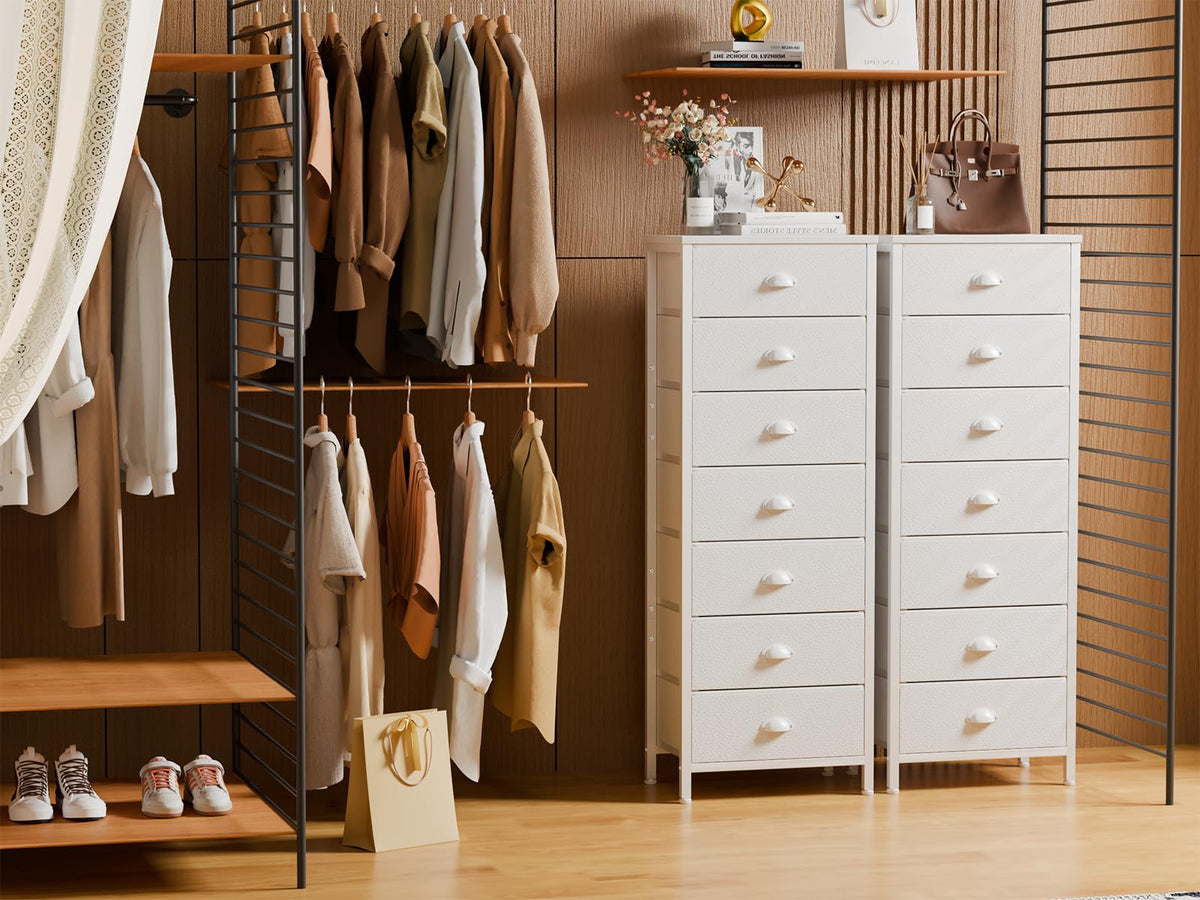 Furnulem dresser front with seven fabric drawers for clutter-free storage.