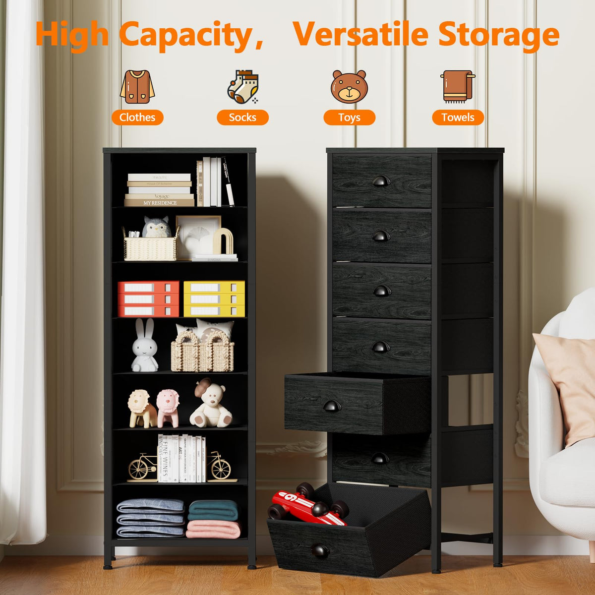 Furnulem dresser with wooden top provides sturdy, waterproof surface for decor