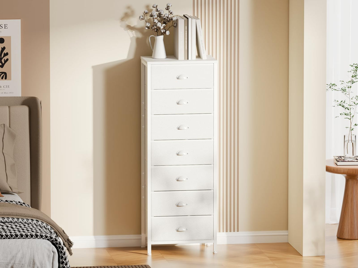 Furnulem multiuse end table and dresser for versatile room organization.
