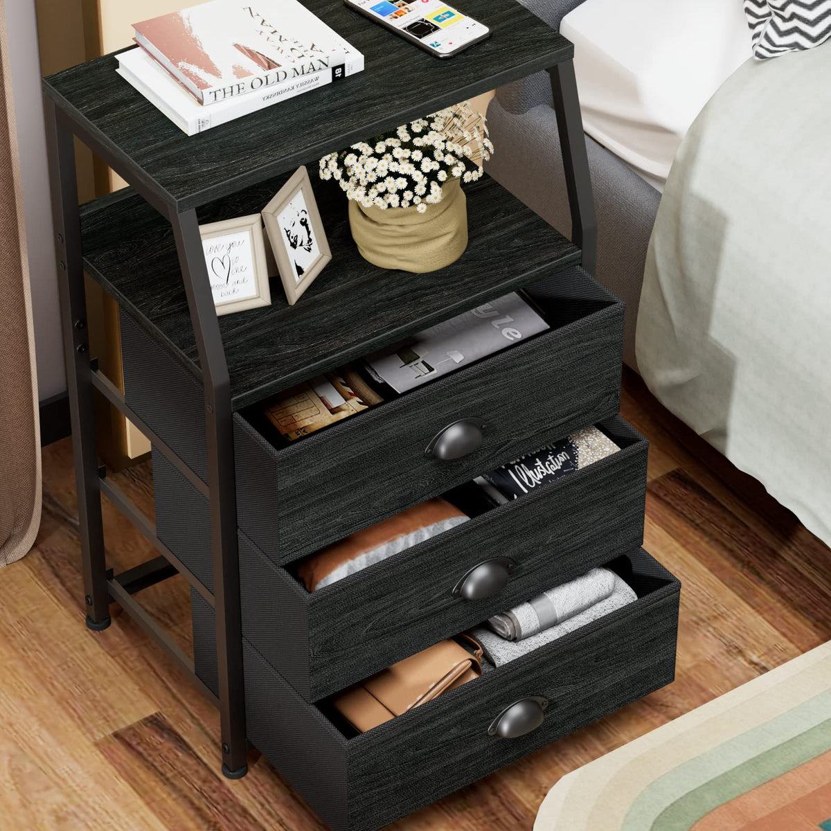 Furnulem end-table two-tier-shelf keeps decor and essentials within reach.