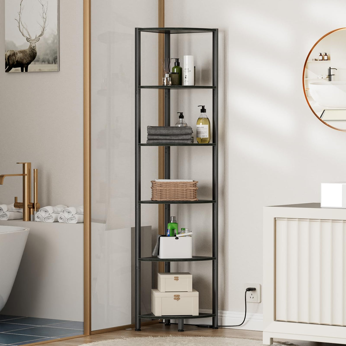 Furnulem living room corner storage and display in use.