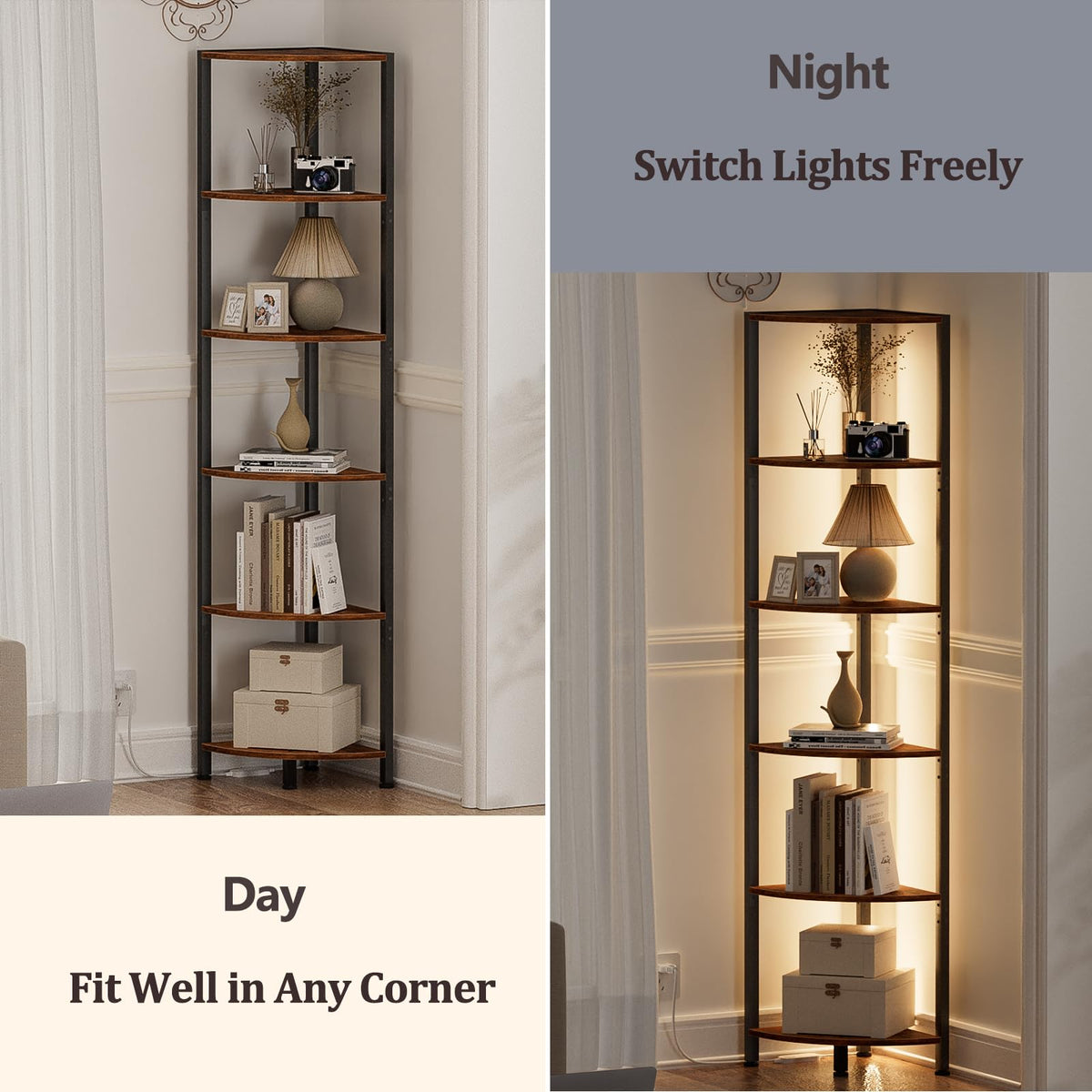 Furnulem metal frame with wooden shelves provides sturdy display.