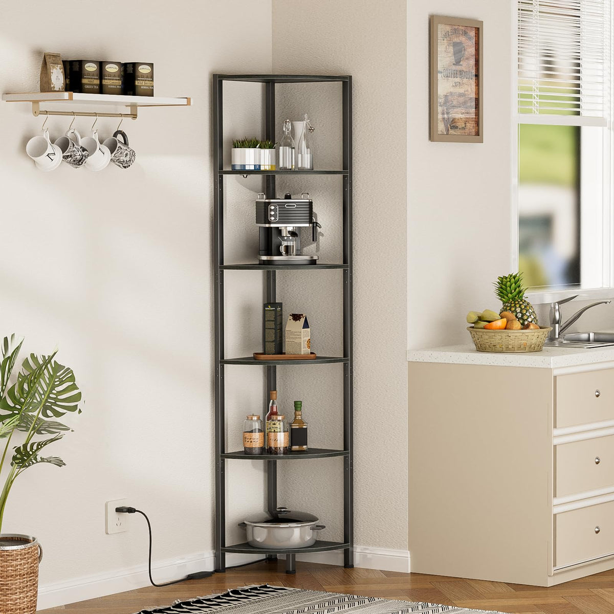 Furnulem metal frame with wood shelves provides sturdy support.