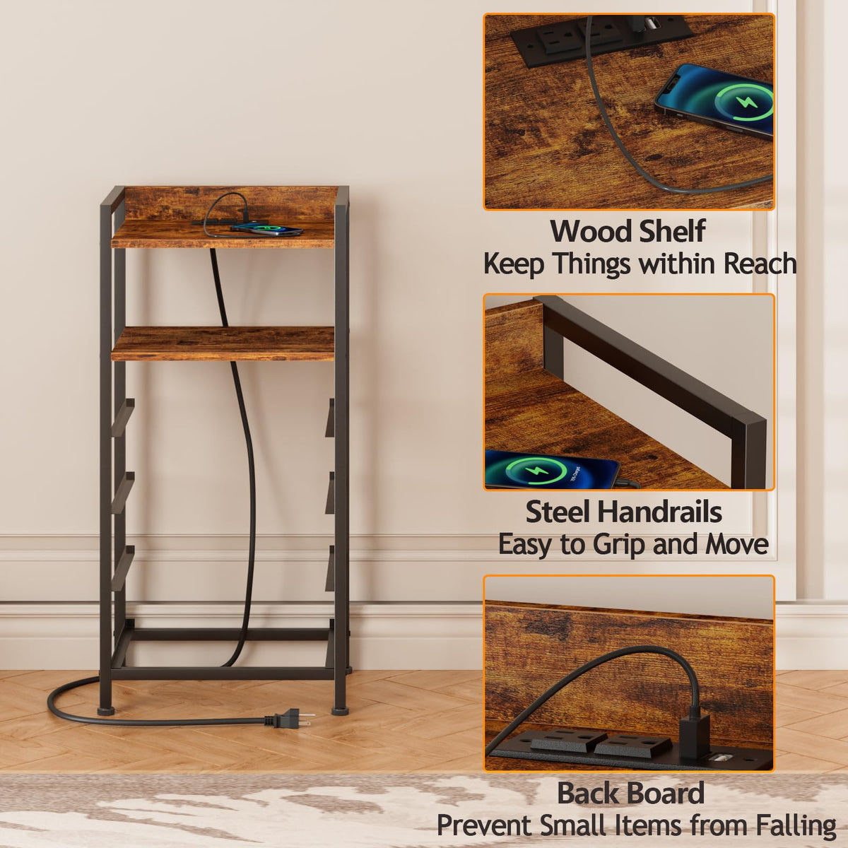 Furnulem night stand bedside organization with accessible charging ports