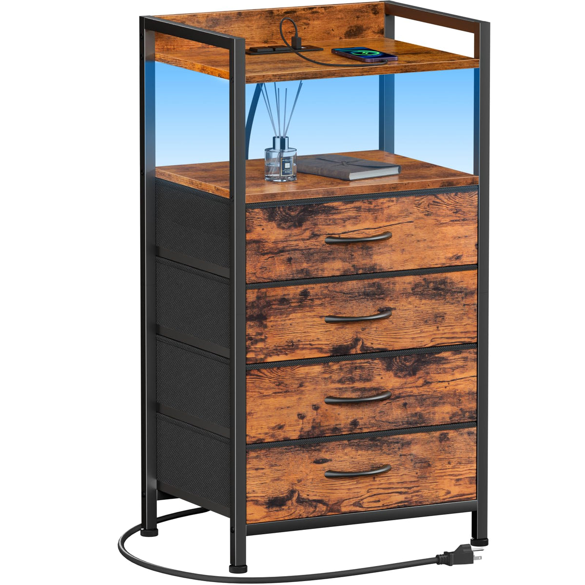 Furnulem night stand with charging and LED lights in a rustic brown finish for easy device access