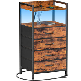 Furnulem night stand with charging and LED lights in a rustic brown finish for easy device access