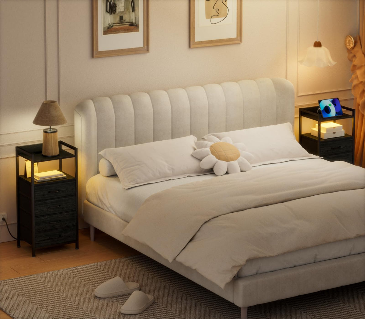 Furnulem night stand fabric bins hide clutter while staying accessible
