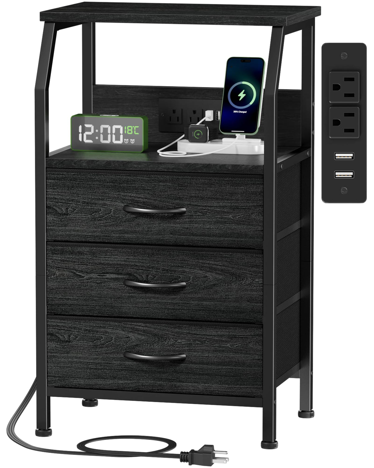 Furnulem night stand charging station front view with USB ports for bedside charging.