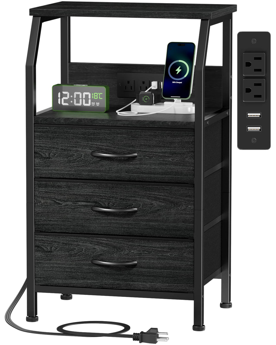 Furnulem night stand charging station front view with USB ports for bedside charging.