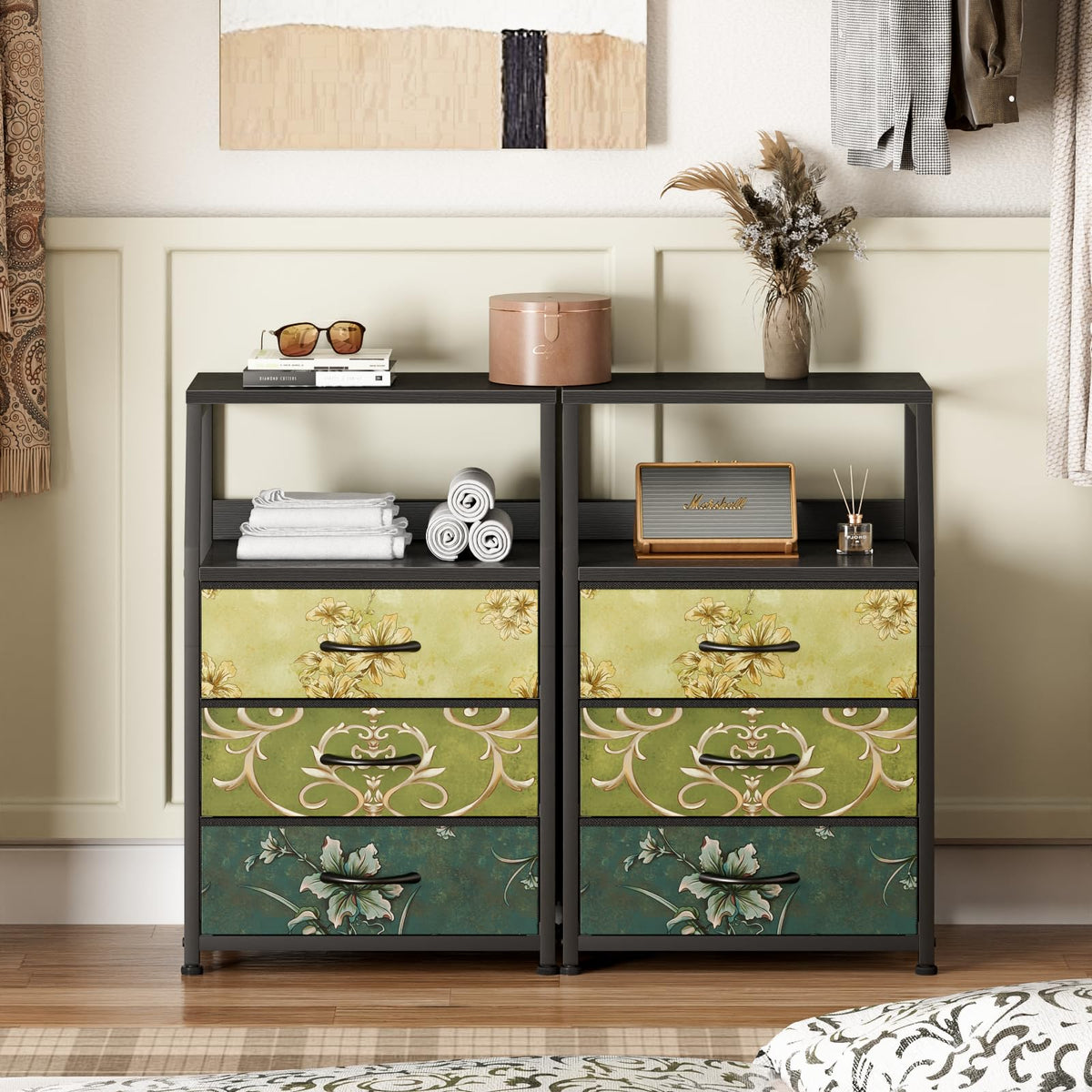 Furnulem night stand with metal frame provides sturdy support in any room.