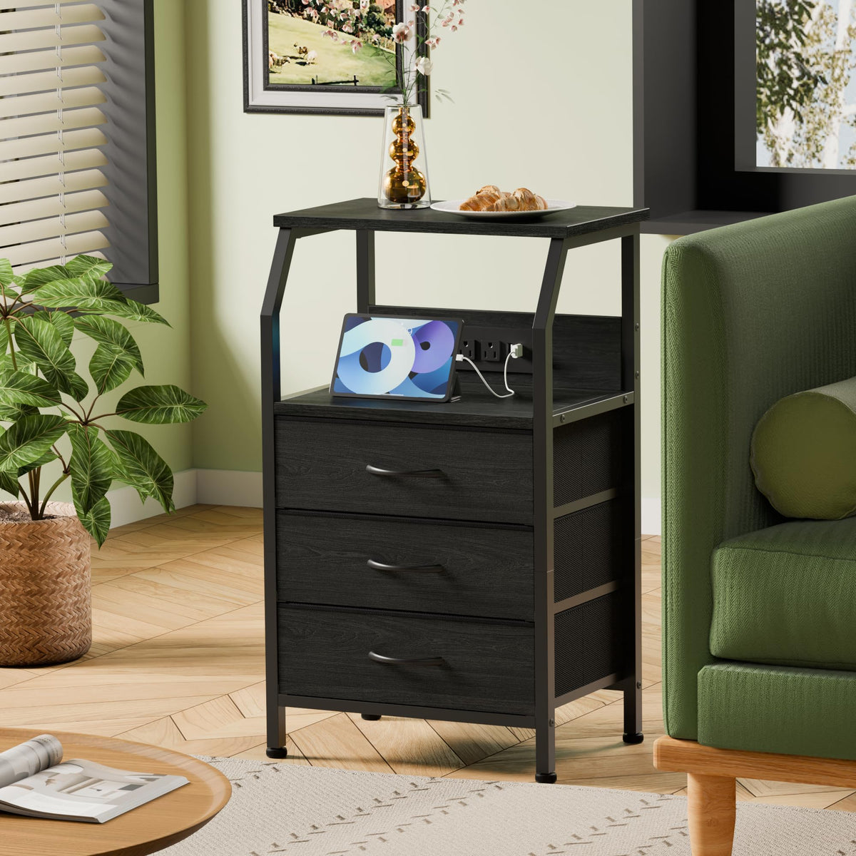 Furnulem open shelf with wood top ideal for lamp and books.