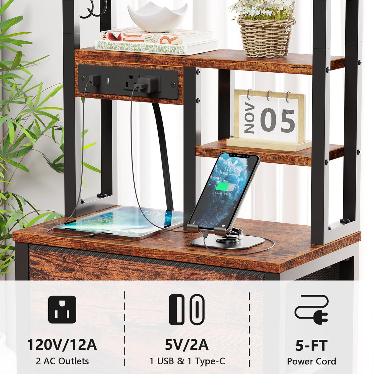 Furnulem night stand includes two S-hooks for hanging items.
