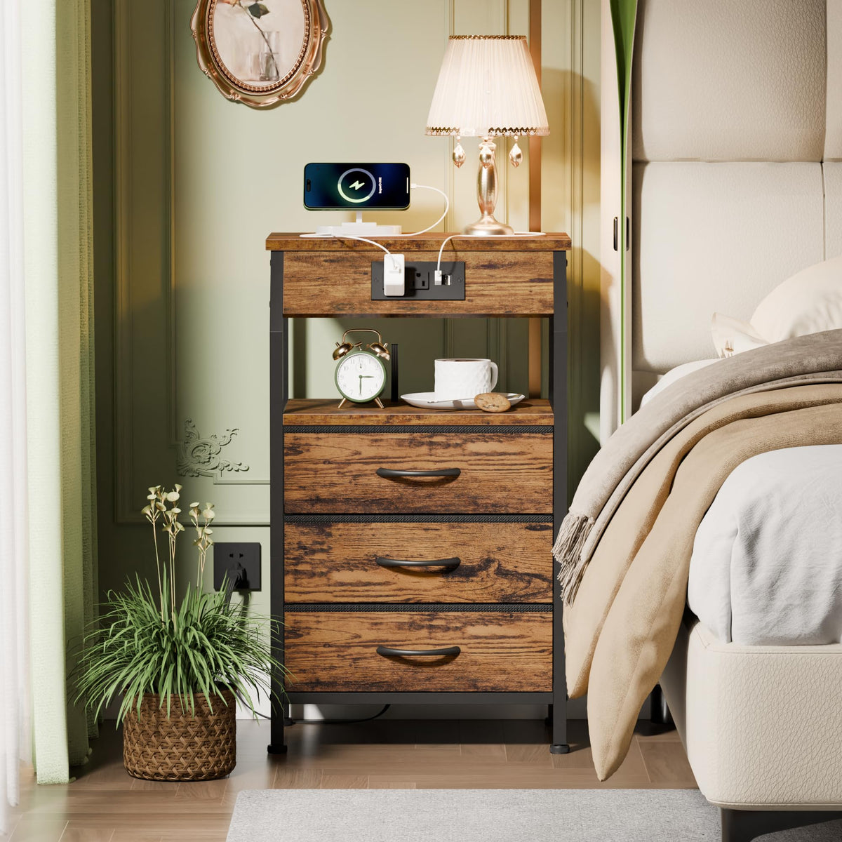 Furnulem night stand charging back install with accessible power rear panel