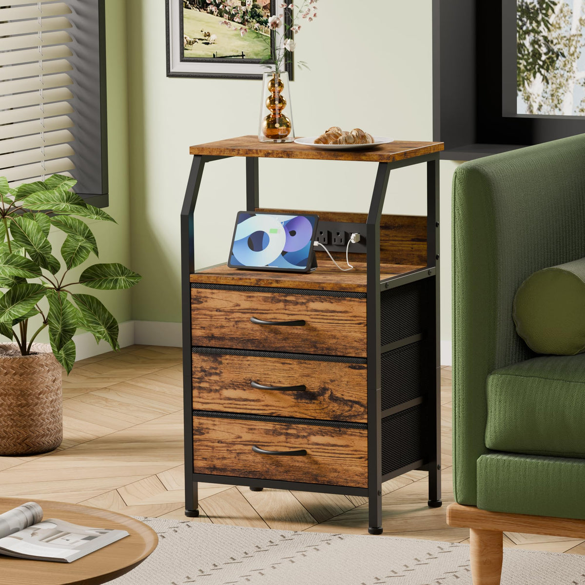 Furnulem night stand wood shelf top showing sturdy surface
