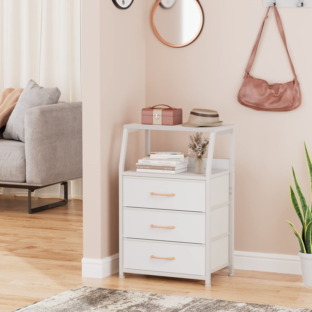 Furnulem nightstand dual-tier shelf supports lamps and decor with easy access.