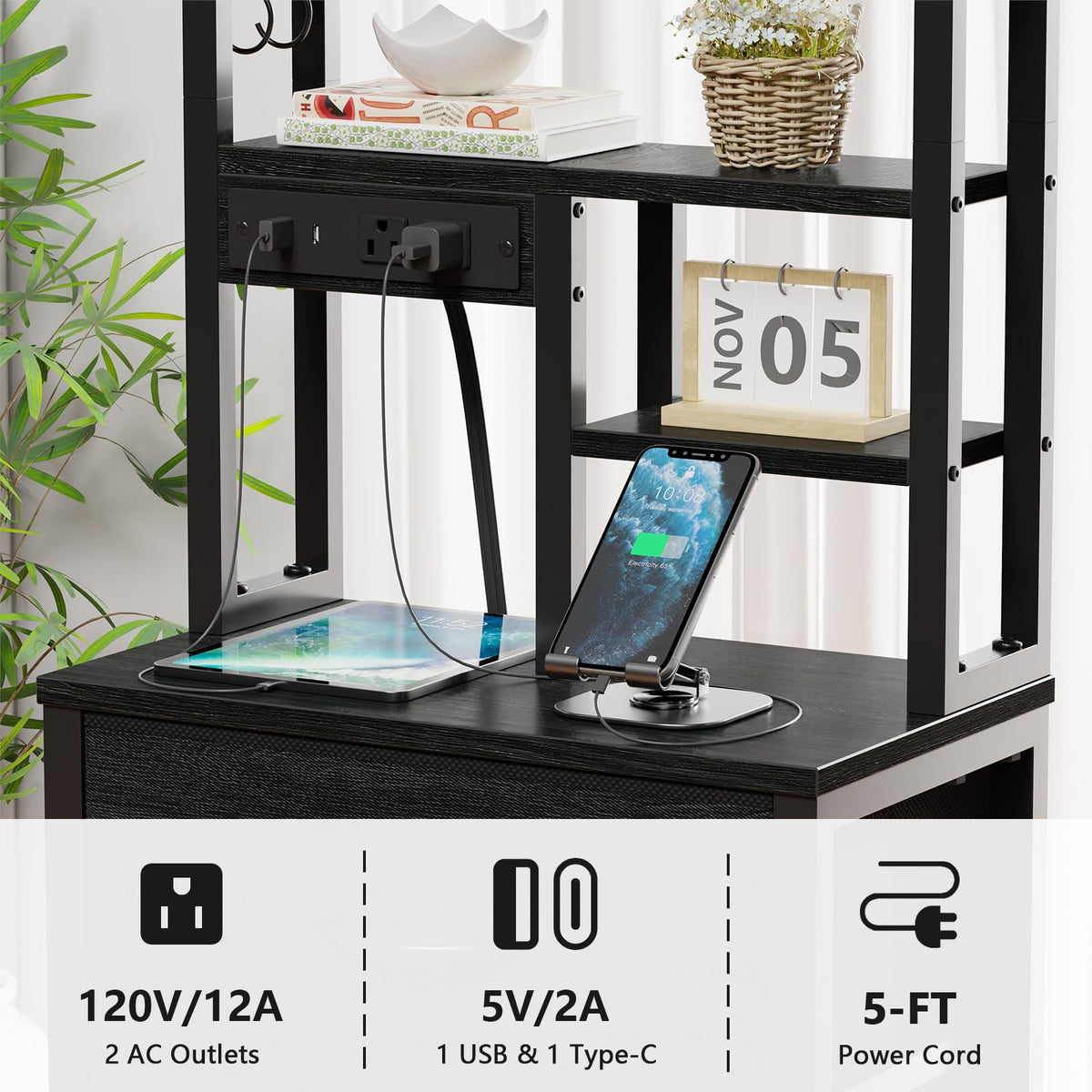 Furnulem nightstand features a metal frame and wooden shelves for durability