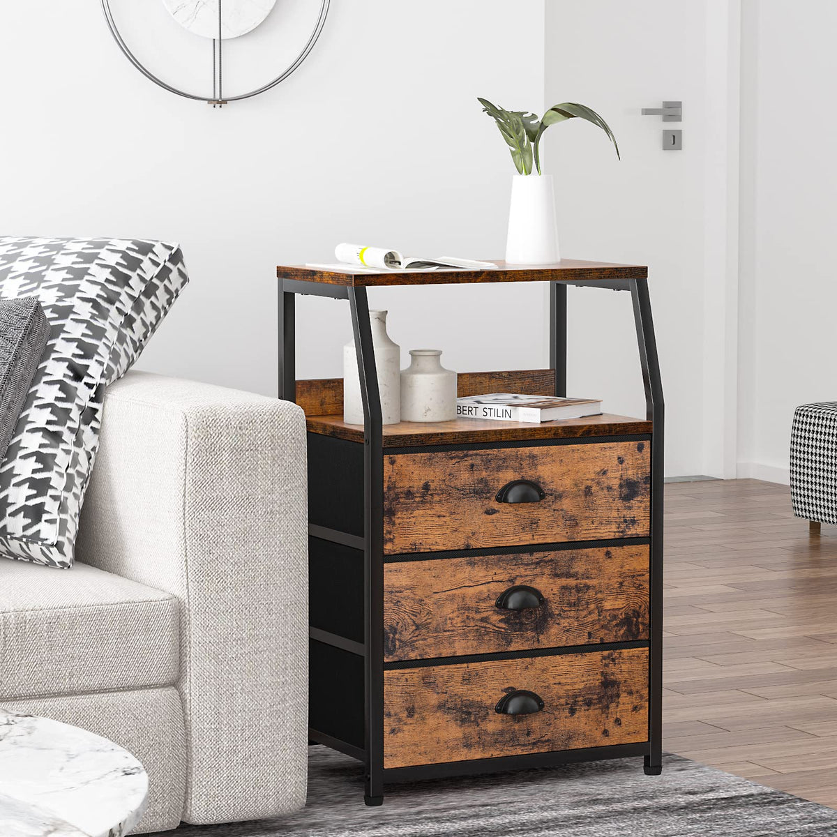 Furnulem nightstand side angle highlights compact footprint for small spaces.