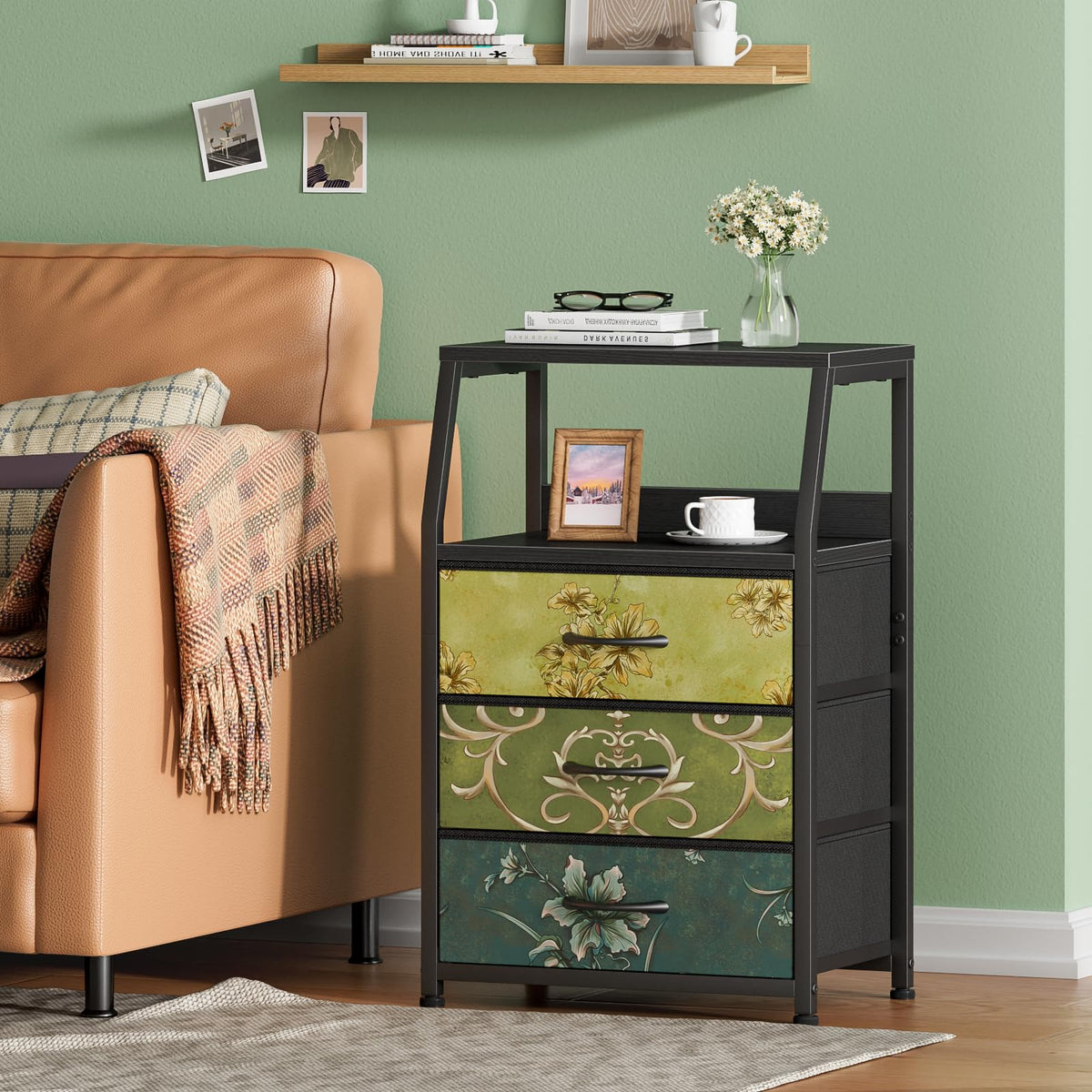 Furnulem retro night stand double-shelf top showcasing decor, lamps, or alarms.