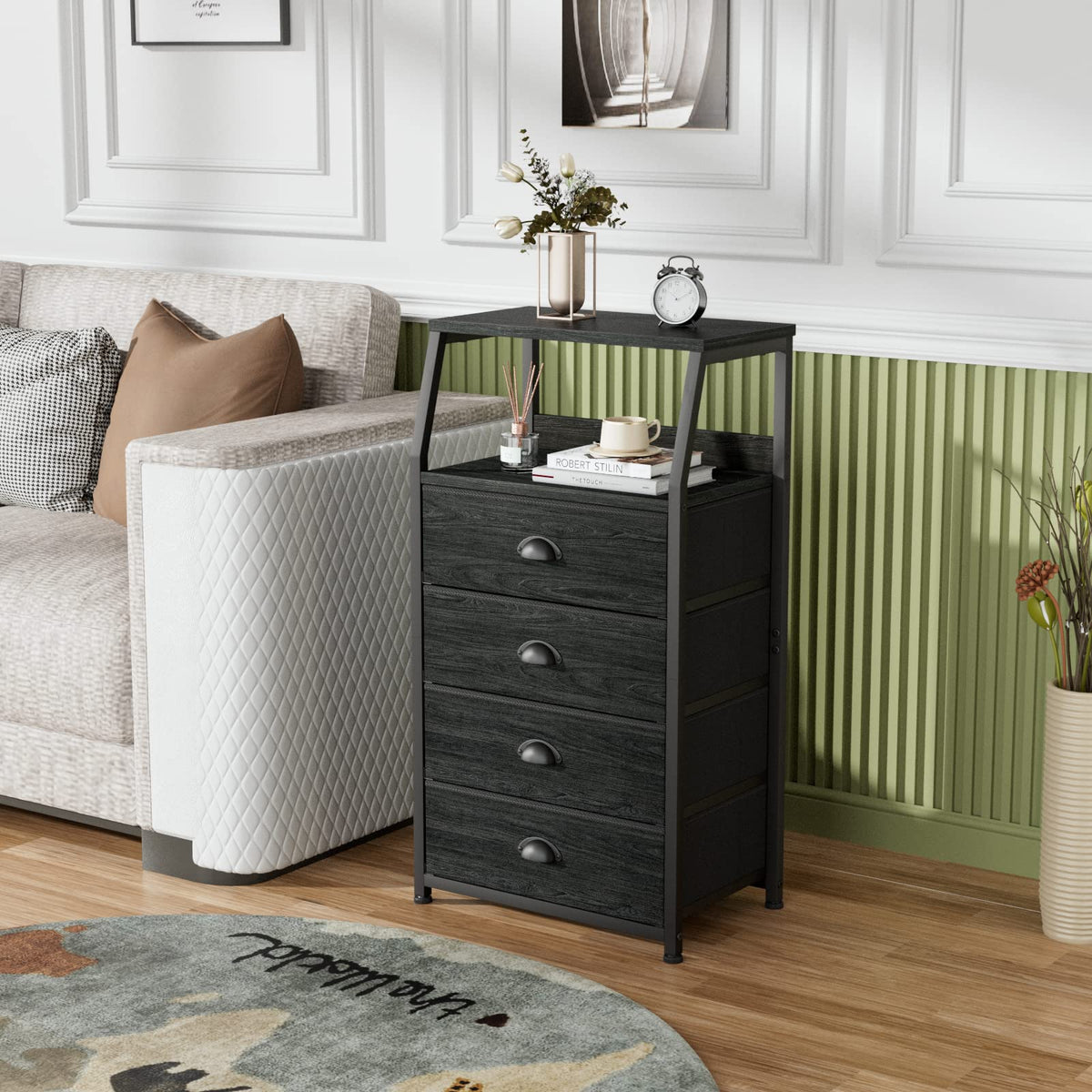 Furnulem double-display shelf on top for photos and lamps.