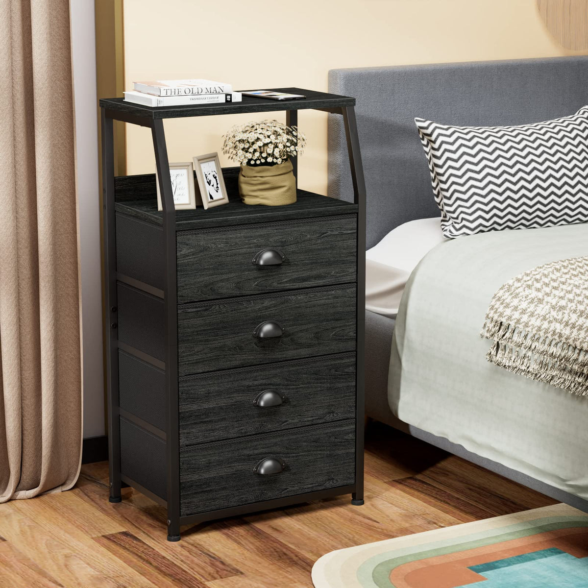 Furnulem tall 4-drawers dresser side profile shows slim vertical design.