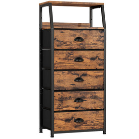 Furnulem tall 5-drawer dresser on wood top for organized clothing and decor.
