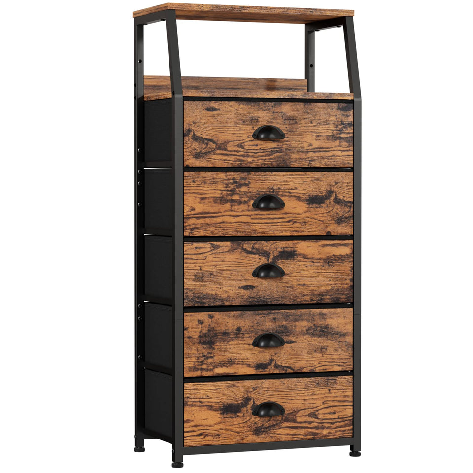Furnulem tall 5-drawer dresser on wood top for organized clothing and decor.