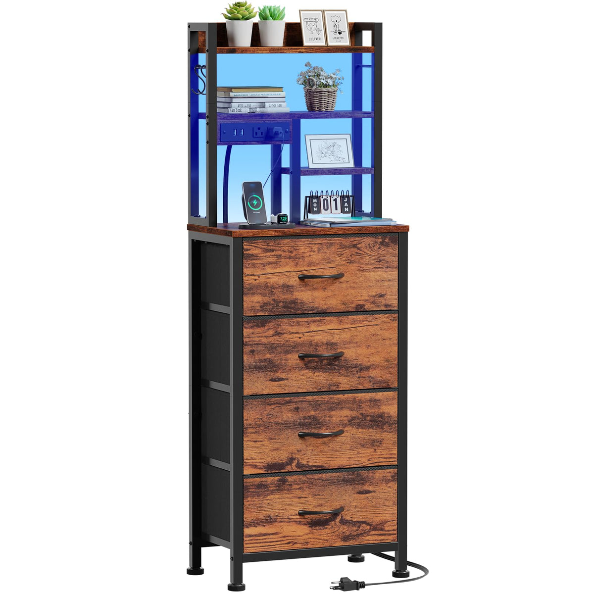 Furnulem tall night stand with LED open shelves and four fabric drawers for organized storage.
