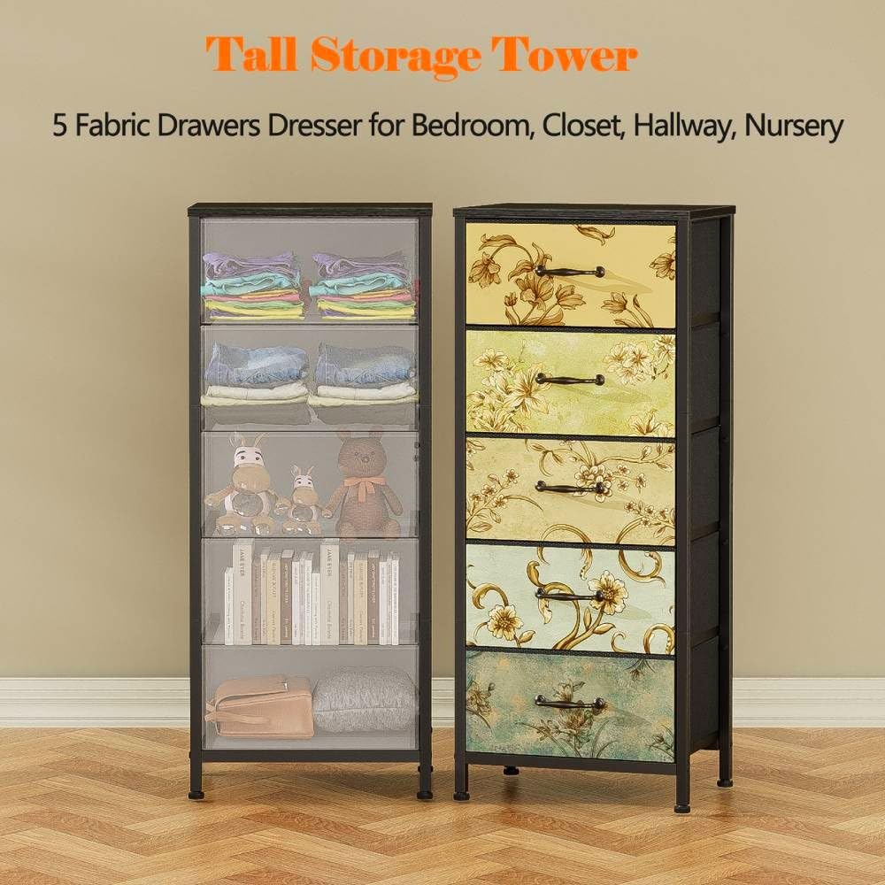 Furnulem dresser in living room used as tall storage tower.