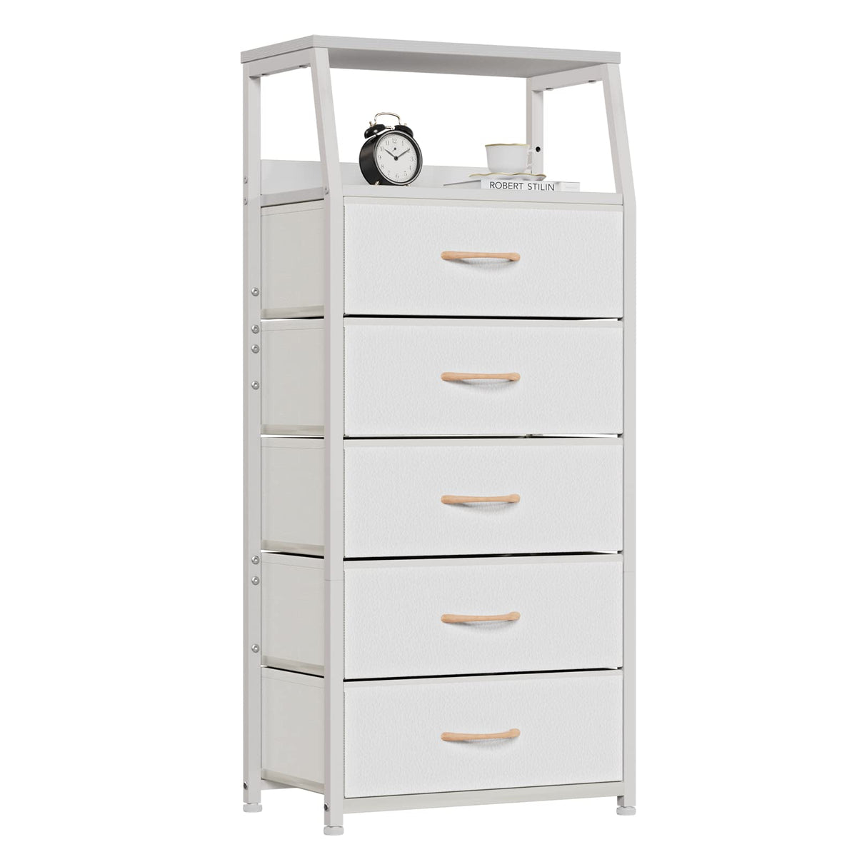 Furnulem white dresser with five drawers top view showing organized bedroom storage