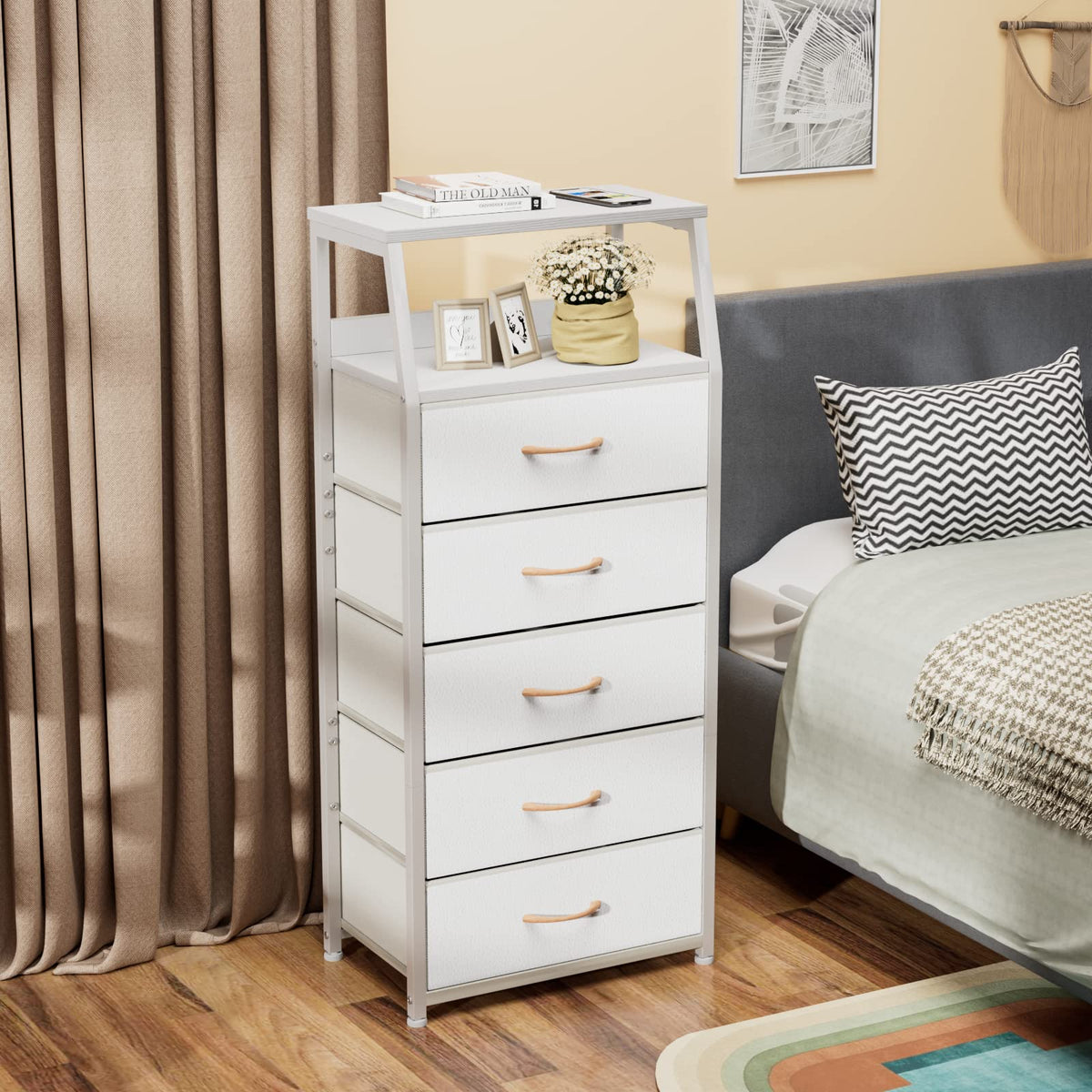Furnulem white dresser metal frame closeup highlights sturdy construction