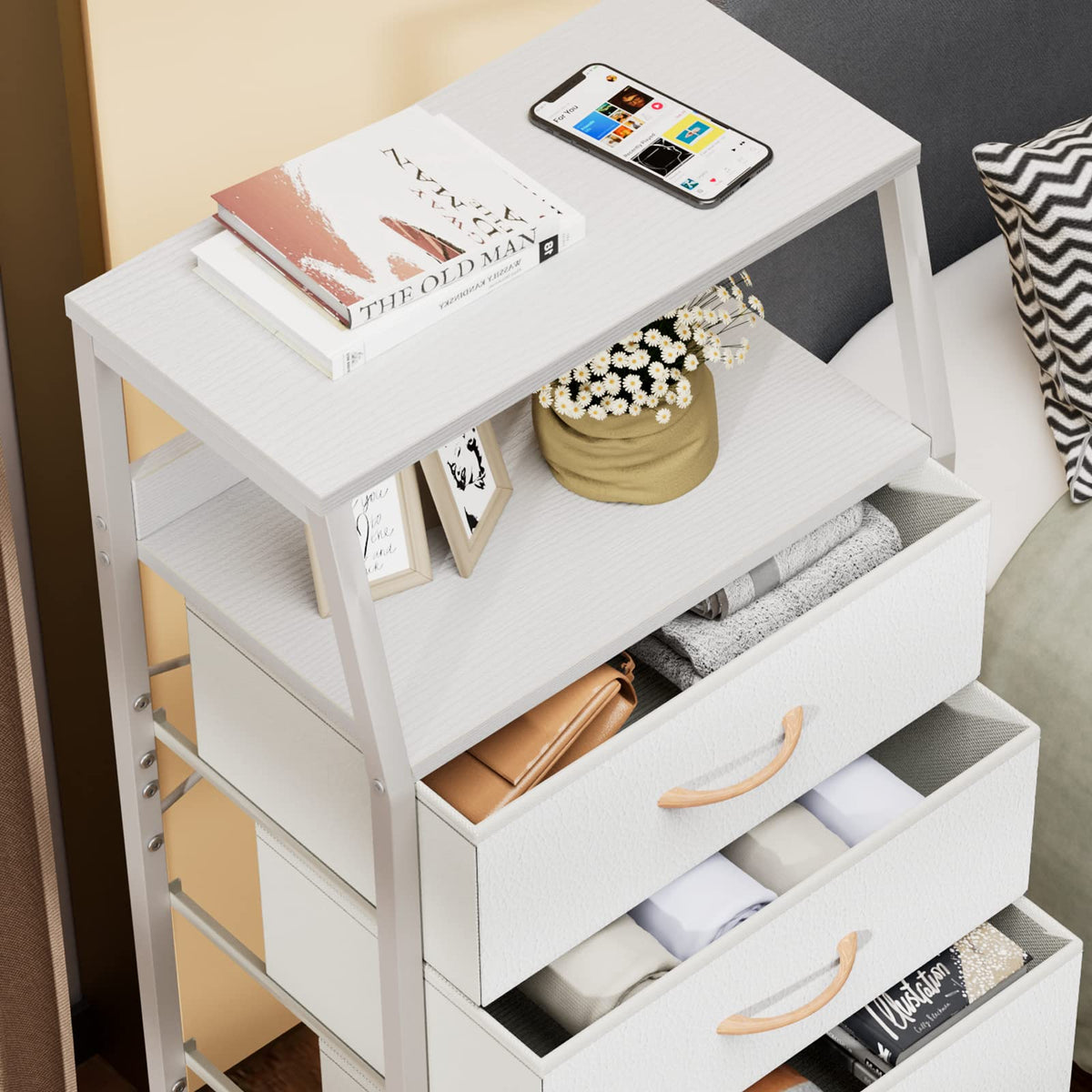 Furnulem white dresser wood top displaying decor and lamps